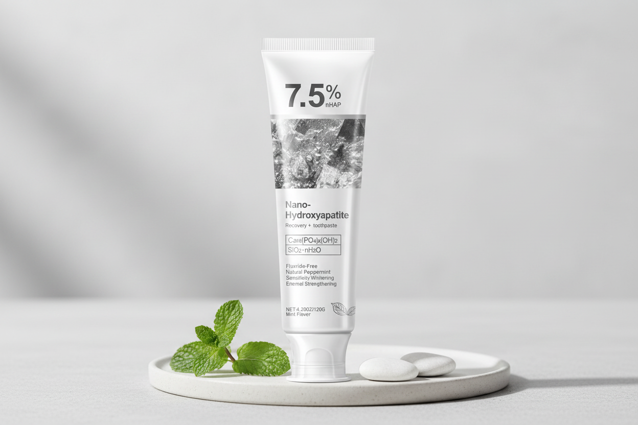 Nano-hydroxyapatite enamel repair toothpaste tube with mint leaves