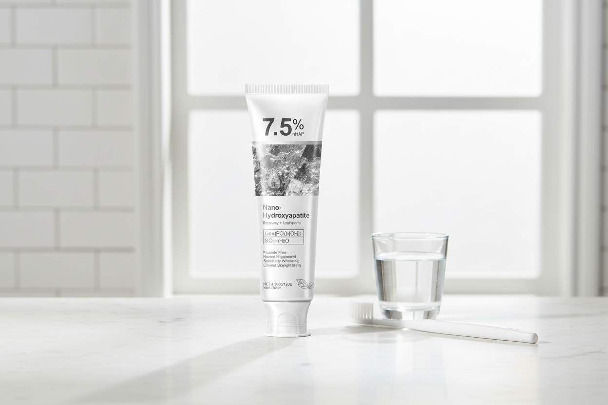 Hydroxyapatite whitening toothpaste tube on a bright bathroom counter
